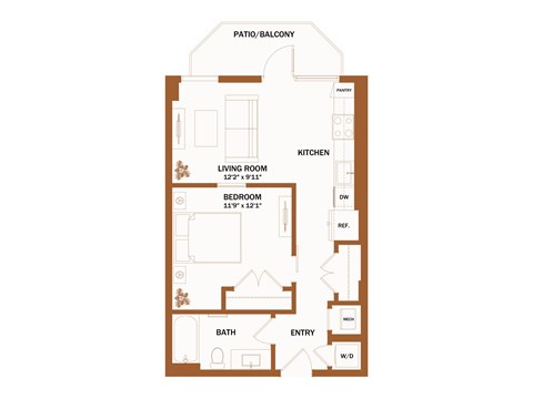 A floor plan of a house with a living room, kitchen, bathroom and bedroom.